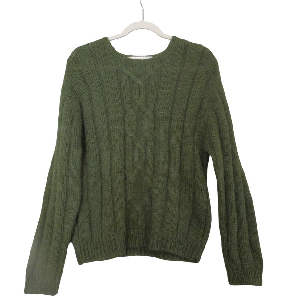 Vintage Crystal-Kobe Mohair Sweater M Green Cable Knit 50% Mohair Made Macau
